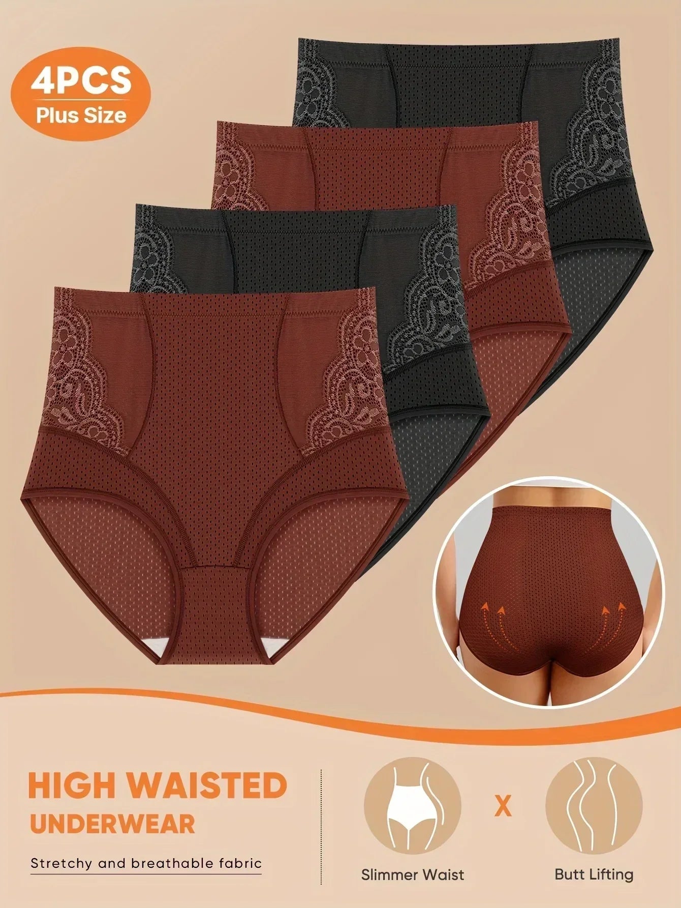 Lot de 4 culottes taille haute grande taille pour femmes - Maille respirante et dentelle, confort amélioré, culottes d'été respirantes noires.
