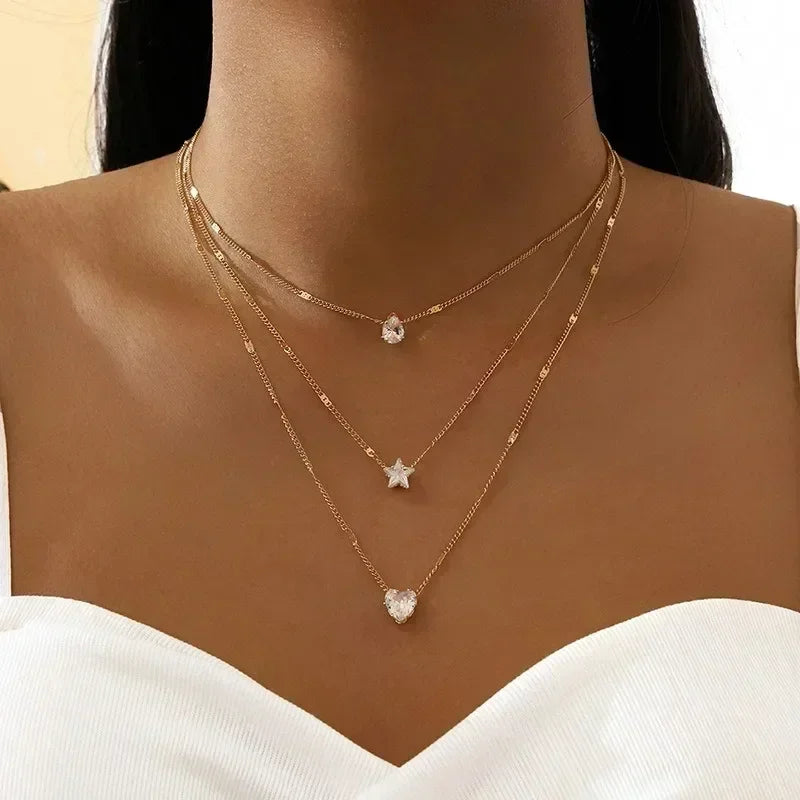 Collier pendentif multicouche sur chaîne pour femme, en cristal, zircon, cœur, étoile, breloque, superposition, bijoux de cou vintage, tendance