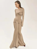 Robe longue plissée sexy pour femme Y2K, robe moulante de rue d'automne, robe patchwork torsadée à manches longues unies pour femme