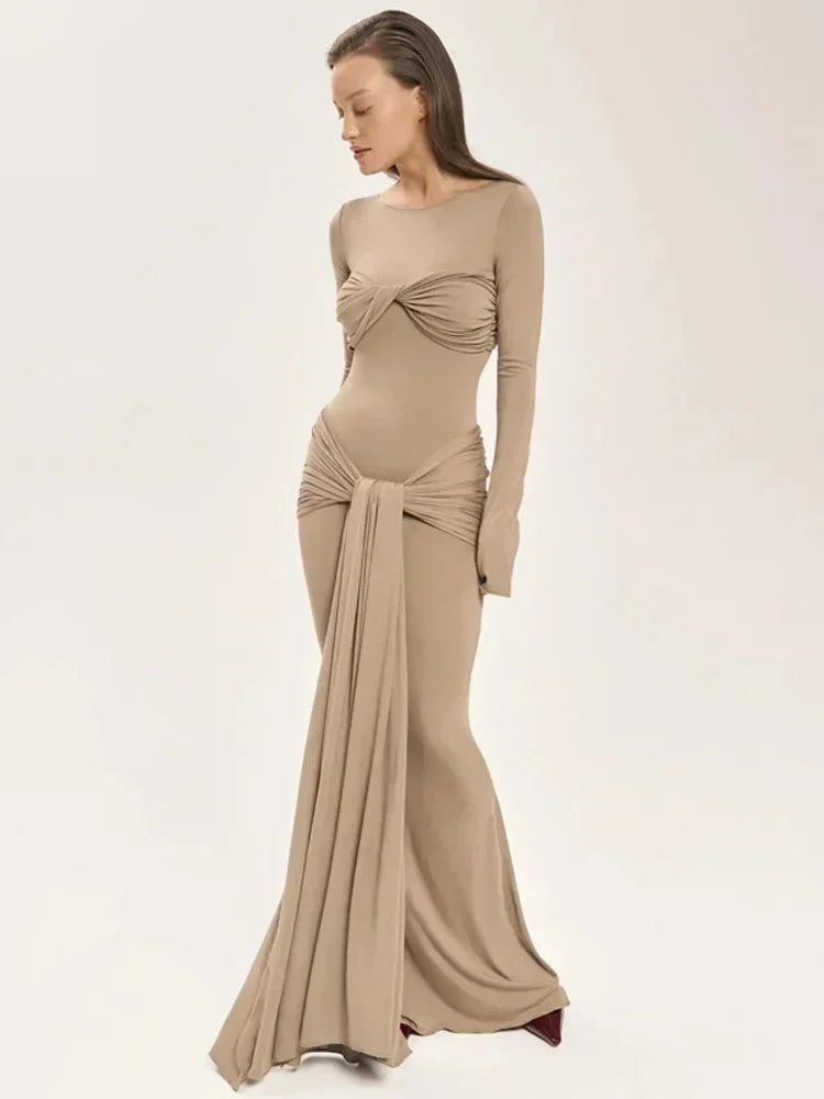 Robe longue plissée sexy pour femme Y2K, robe moulante de rue d'automne, robe patchwork torsadée à manches longues unies pour femme