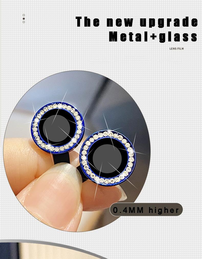 Verre trempé avec anneau métallique, strass et paillettes pour appareil photo iPhone 11 12 13 14 Pro Max Mini Plus, protection d'objectif à couverture complète 9H, protection d'objectif en verre trempé avec anneau métallique unique à couverture complète