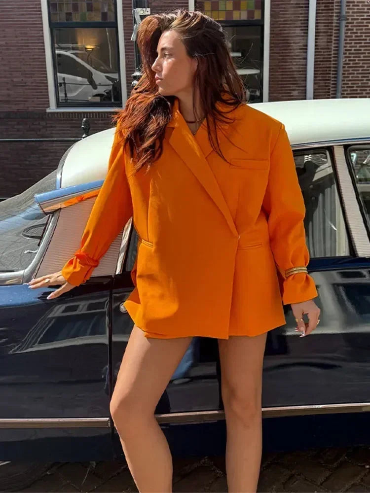 Veste de costume col V boutonnée sur le côté pour femme Manches longues couleur unie Manteaux Poignets poches Hauts oversize Vêtements féminins style urbain