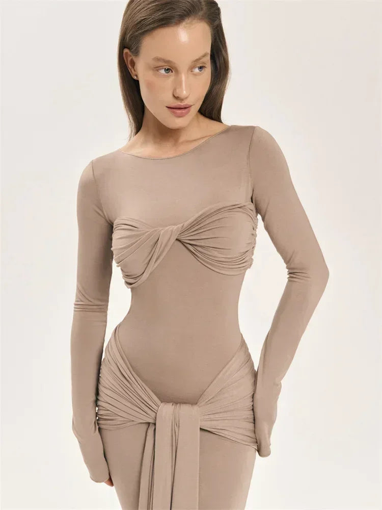 Robe longue plissée sexy pour femme Y2K, robe moulante de rue d'automne, robe patchwork torsadée à manches longues unies pour femme