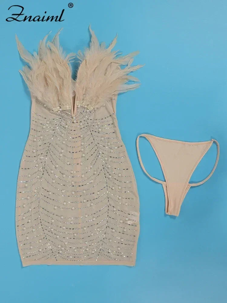 Znaiml Robes moulantes dos nu transparentes en maille diamantée avec strass et plumes sexy pour femme, boîte de nuit, fête d'anniversaire, soirée, Vestidos