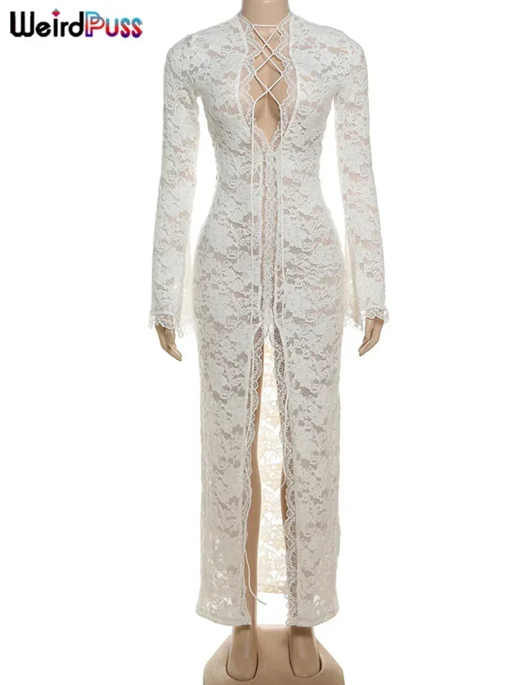 Weird Puss Broderie Volants Robe Femmes Sexy Col V Profond Fentes Transparent Uni Gland Poignets Pétale Street Élégance Vestidos