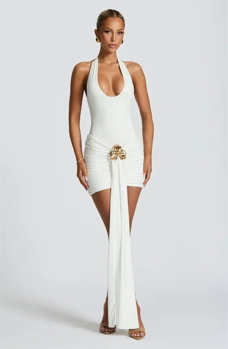 Mozision Robe Courte Métallique Plissée à Fleurs, Robe Sexy pour Femme, Mode Licou sans Bretelles Dos Nu Moulante, Robe de Soirée Club Nouvelle Collection