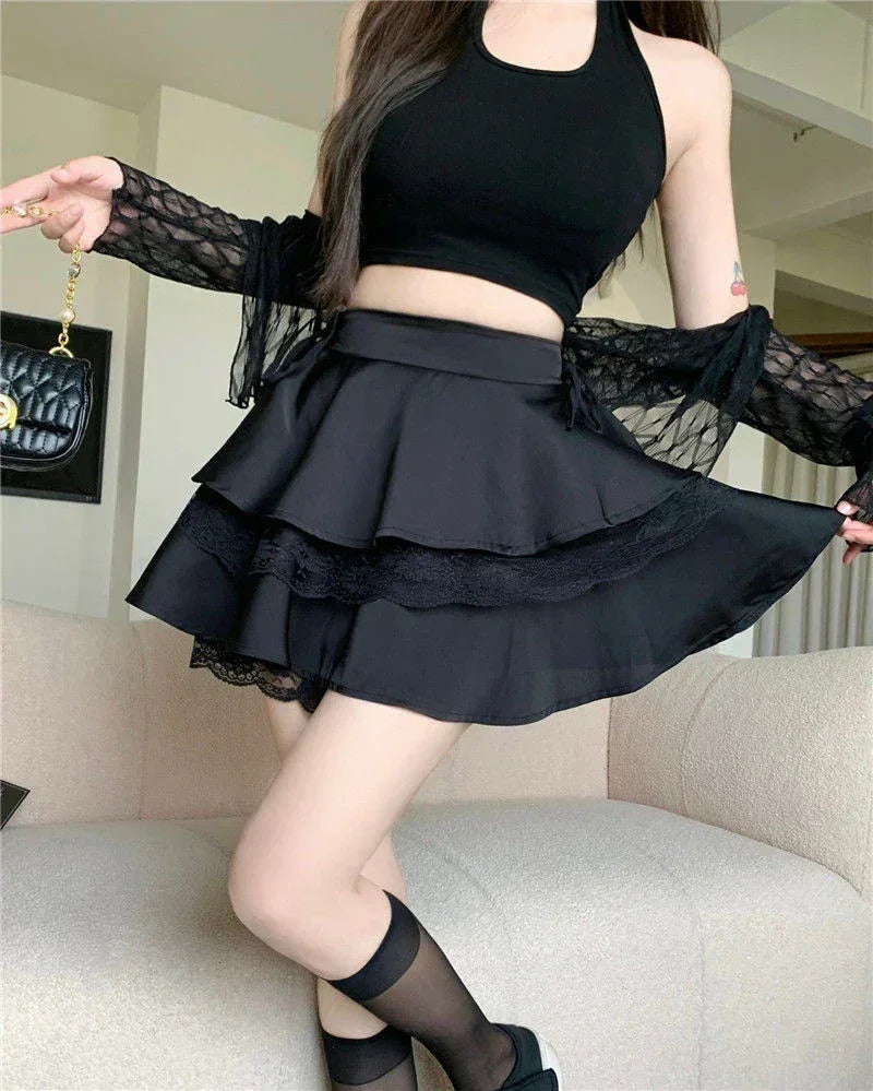 Mini-jupe Y2K Unie pour Femme, Taille Haute, Dentelle Patchwork, Robe de Bal, Mode, Volants, Jupe Féminine, Tout-assortie, Été