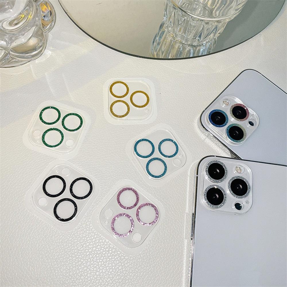Verre de protection d'objectif à paillettes pour iPhone 14 13 12 Pro Max 11 Mini, cache d'objectif arrière en diamant pour iPhone 14Pro 13Pro 13, protection scintillante brillante pour objectif en verre trempé