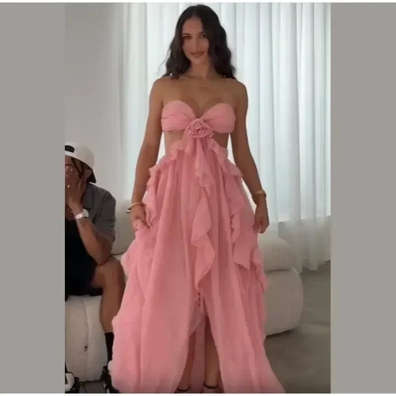 Robe longue chic printemps femme ajourée fleur 3D ourlet à volants élégante épaule dénudée dos nu Robe de soirée Street Party 2025 Nouvelle collection