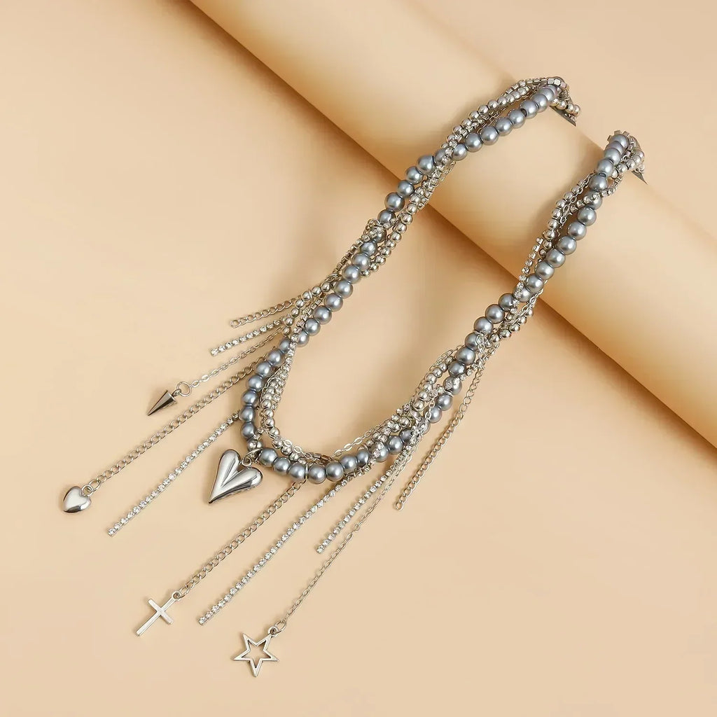 Collier Cœur Perlé Tendance pour Femmes Style Bohème Élégant Chaîne en Cristal Irrégulier Ras du Cou Y2K Exquis Cadeau de Fête Bijoux Accessoires