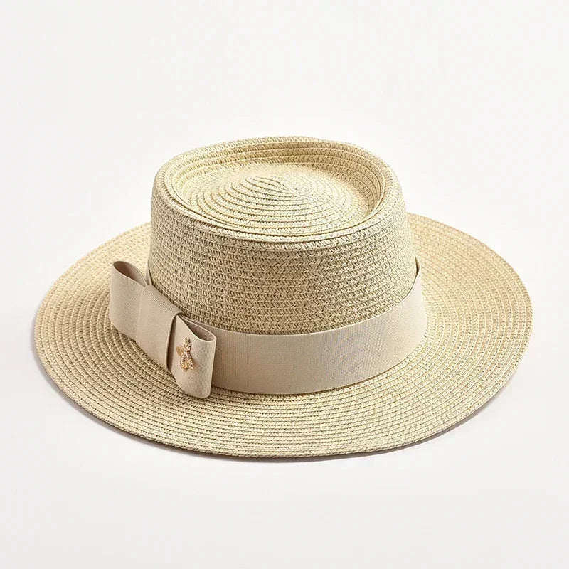 NOUVEAUX Chapeaux de paille Printemps Été pour femmes Surface ronde bosselée Dessus plat Nœud Papillon Robe Casquette Voyage Plage Soleil Chapeau Gorra