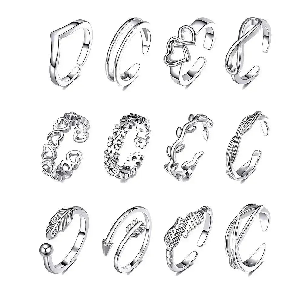 12 Bagues d'orteil ajustables pour femmes et filles, ensemble simple pour la plage, ouvert, bijoux mignons cœur, plume, été, pieds