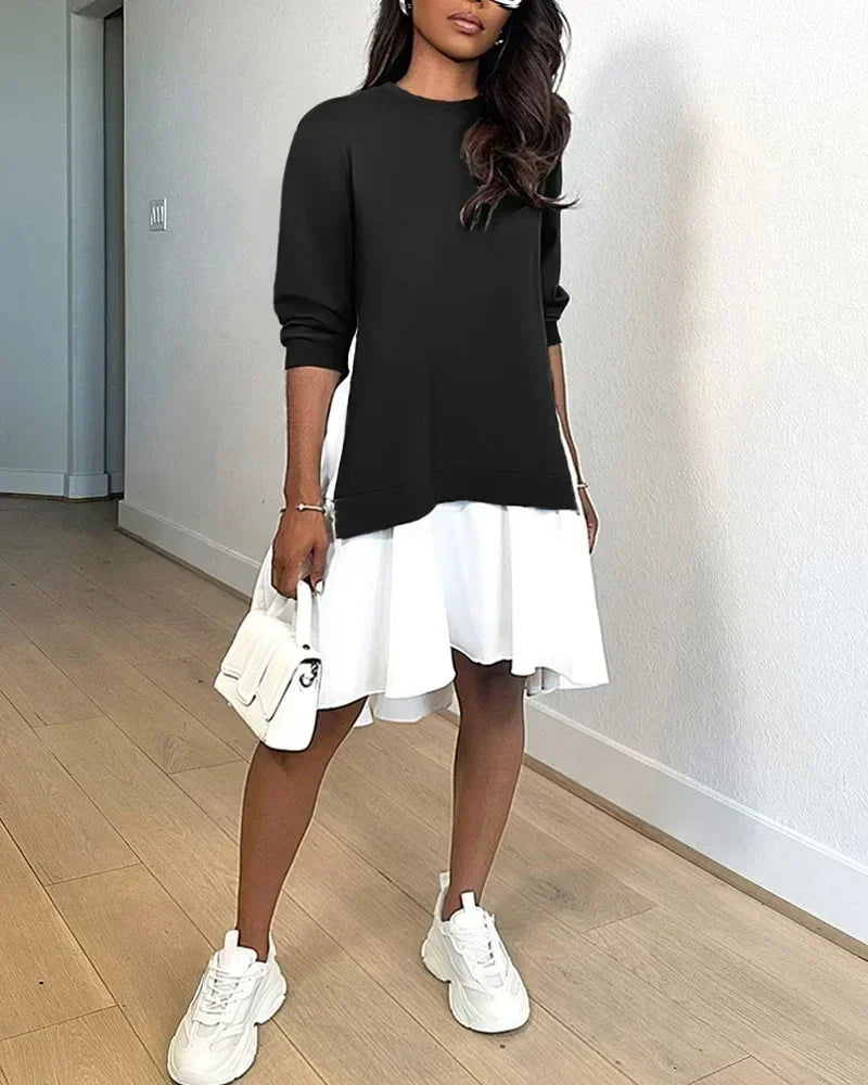 Printemps Femmes Col Rond Manches Longues Robe Mini Ample Automne Vintage Robes Sweatshirt Décontracté Mode Patchwork Volants Robe Trapèze