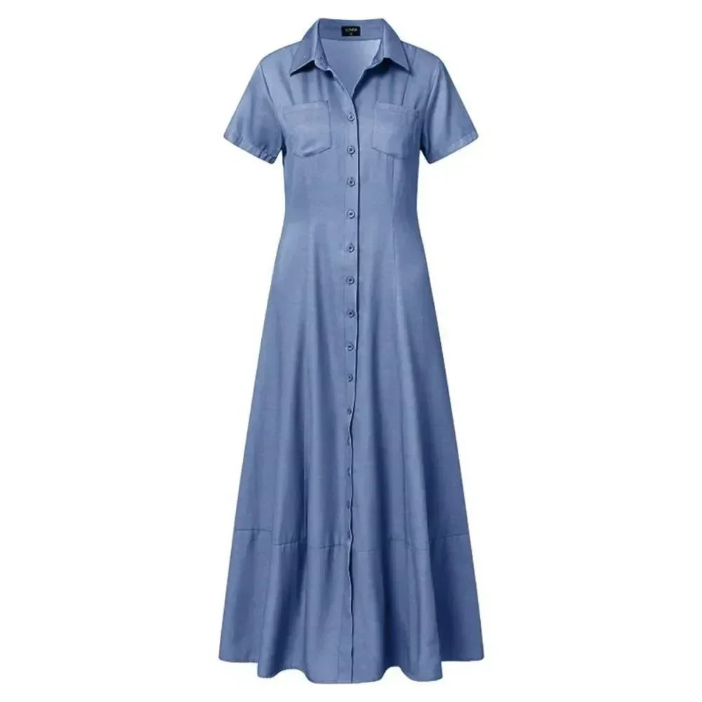 Robe Chemise en Jean Ample à Simple Boutonnage, Robe Décontractée à Manches Courtes avec Poches et Revers, Épissures et Grande Balançoire, Couleur Unie pour Femme, Nouvelle Collection 2024
