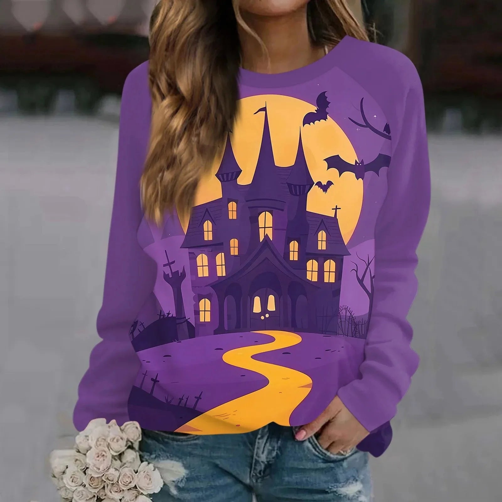 🎃 T-shirt à manches longues imprimé citrouille vintage – T-shirt graphique Halloween Harajuku