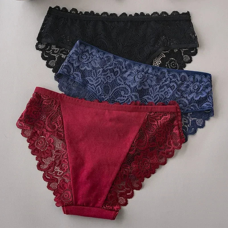 Lot de 3 slips de luxe en dentelle brodée florale pour femme, culottes sexy ajourées, lingerie féminine, sous-vêtements respirants pour femme
