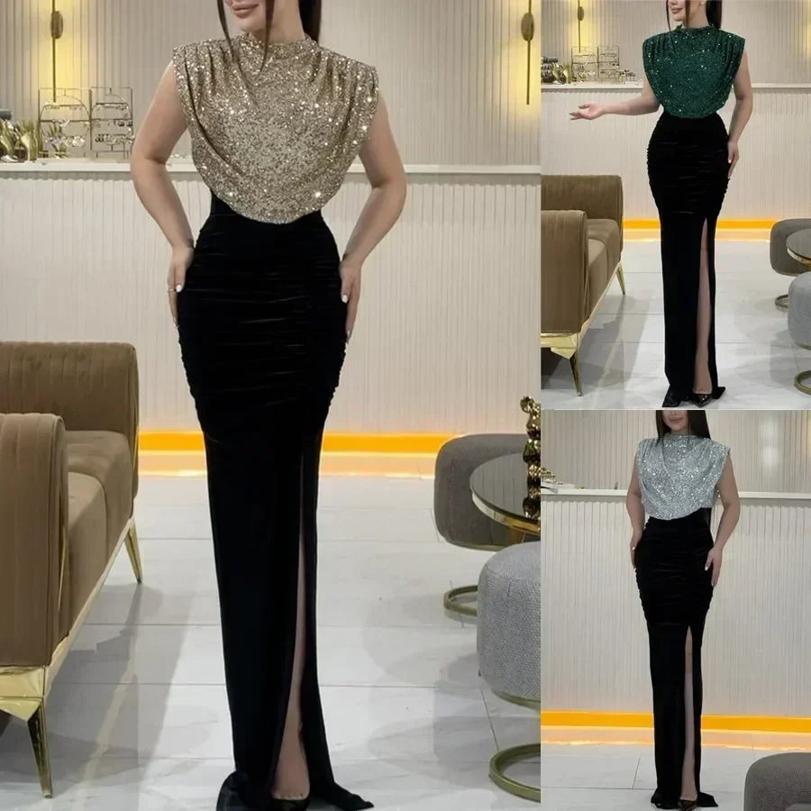 Robe longue élégante à taille haute, robe de soirée décontractée à col rond sans manches pour femme, drapée fendue, épissure à sequins, nouvelle collection 2025