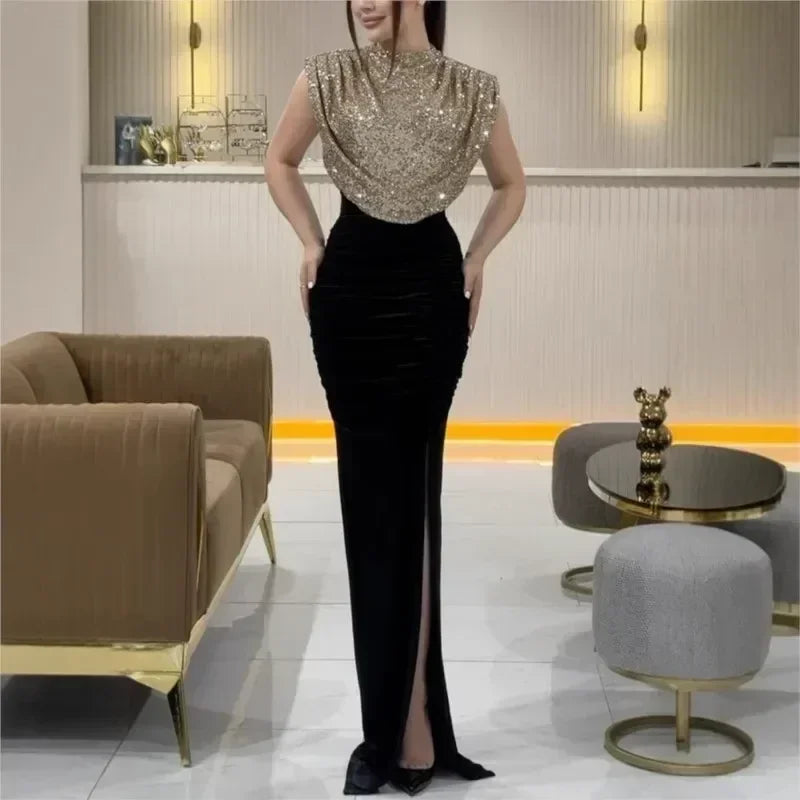 Robe longue élégante à taille haute, robe de soirée décontractée à col rond sans manches pour femme, drapée fendue, épissure à sequins, nouvelle collection 2025