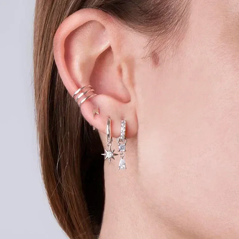 Boucles d'oreilles créoles tendance en argent sterling 925 avec aiguille d'oreille en cristal blanc de luxe pour femme, cadeau de bijoux de mariage