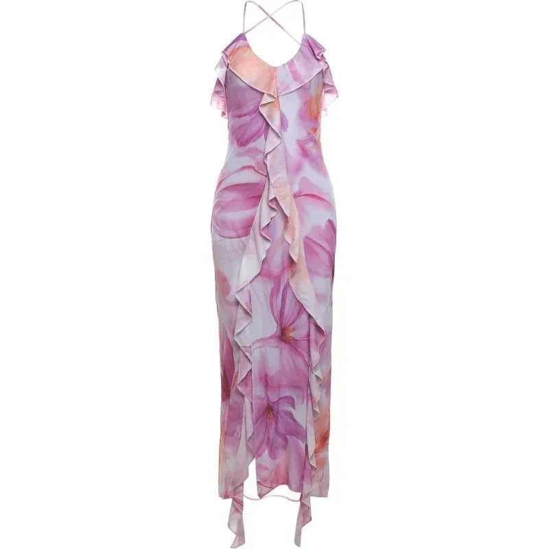 Robe Femme Weird Puss à Imprimé Floral Été Sans Bretelles Fentes Irrégulières Pompons Patchwork Dos Nu Bandage Fête Moulante Vestidos