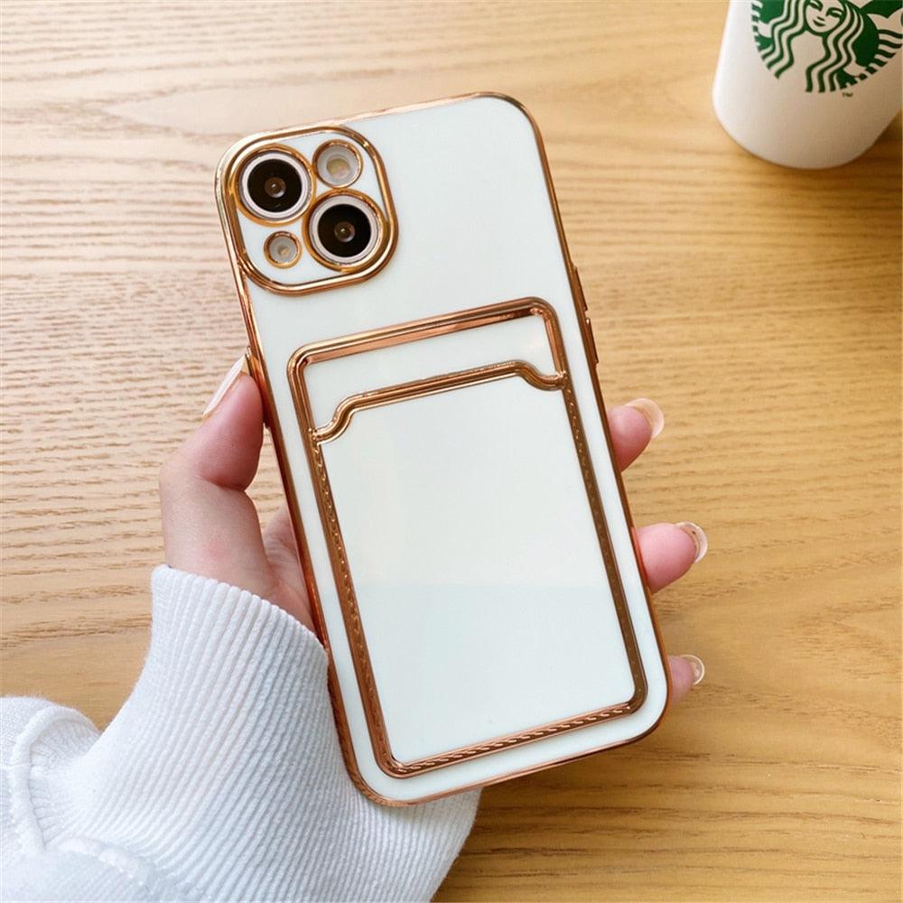 Étui de luxe plaqué en silicone avec porte-cartes pour iPhone 14 12 13 Pro Max Élégant pour femme Étui portefeuille souple antichoc Bords souples Magnifique étui pour smartphone brillant pour femme