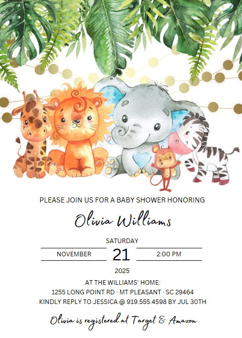 Invitation de baby shower safari – Modèle Canva modifiable