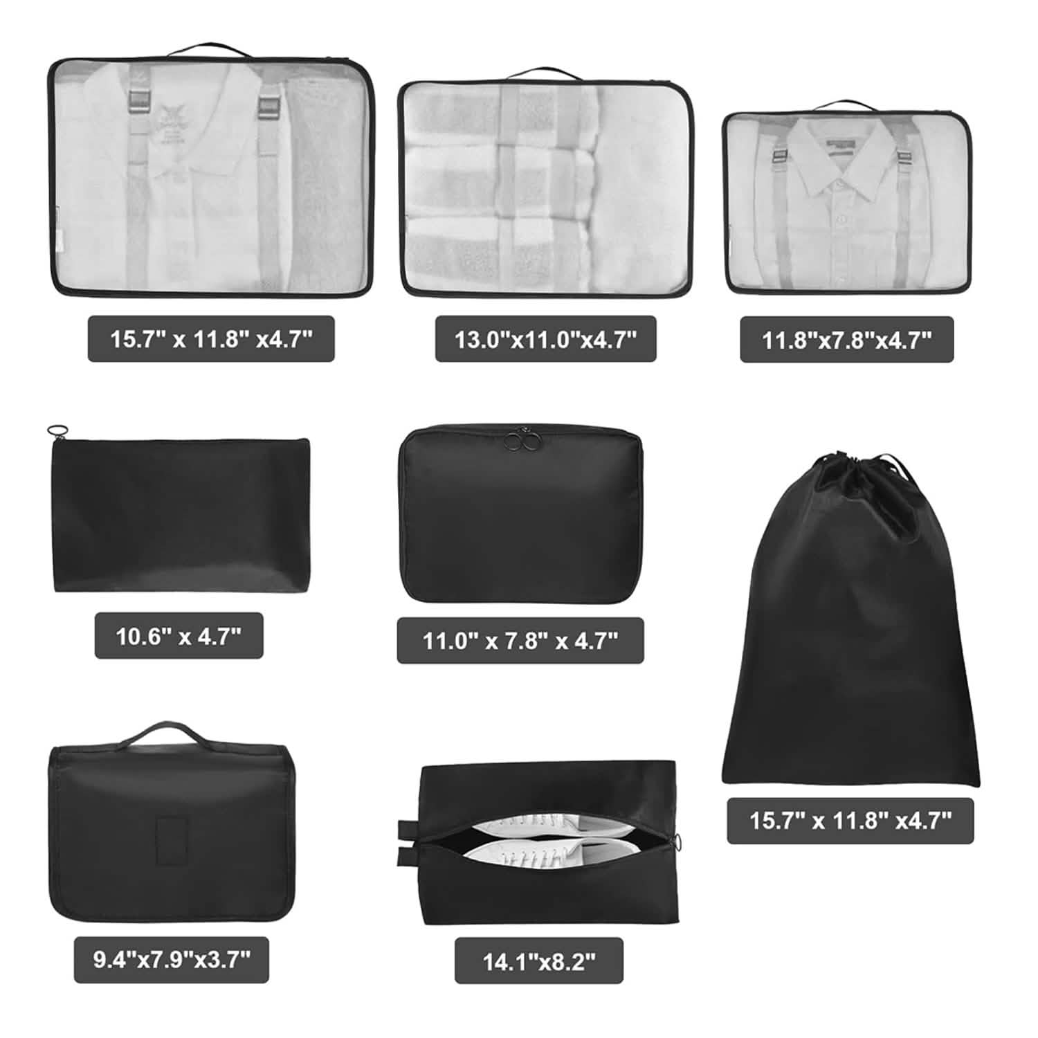 Lot de 8 : Sacs de Rangement Compressibles Légers pour Valises, Indispensables pour le Voyage avec Trousse de Toilette