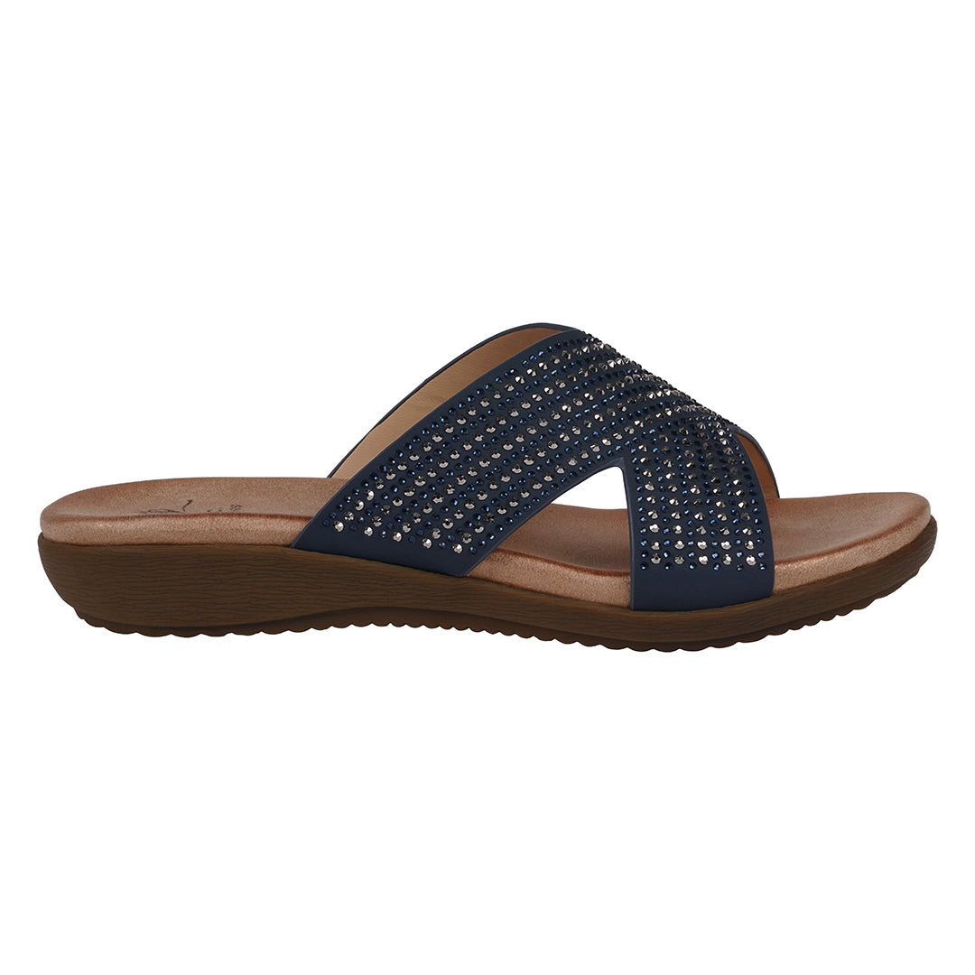 Sandales plates à brides croisées, ornées, bleu marine Sharlene pour femme