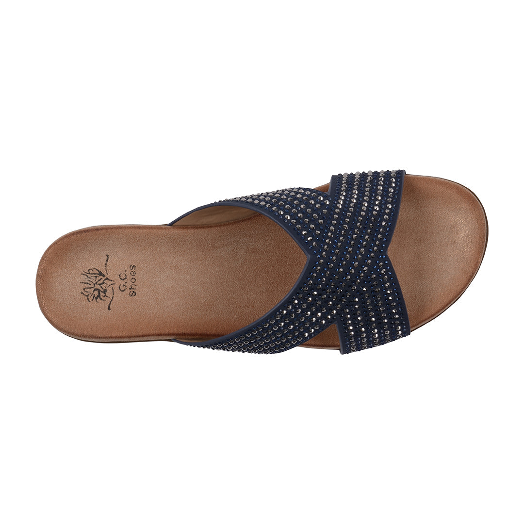 Sandales plates à brides croisées, ornées, bleu marine Sharlene pour femme