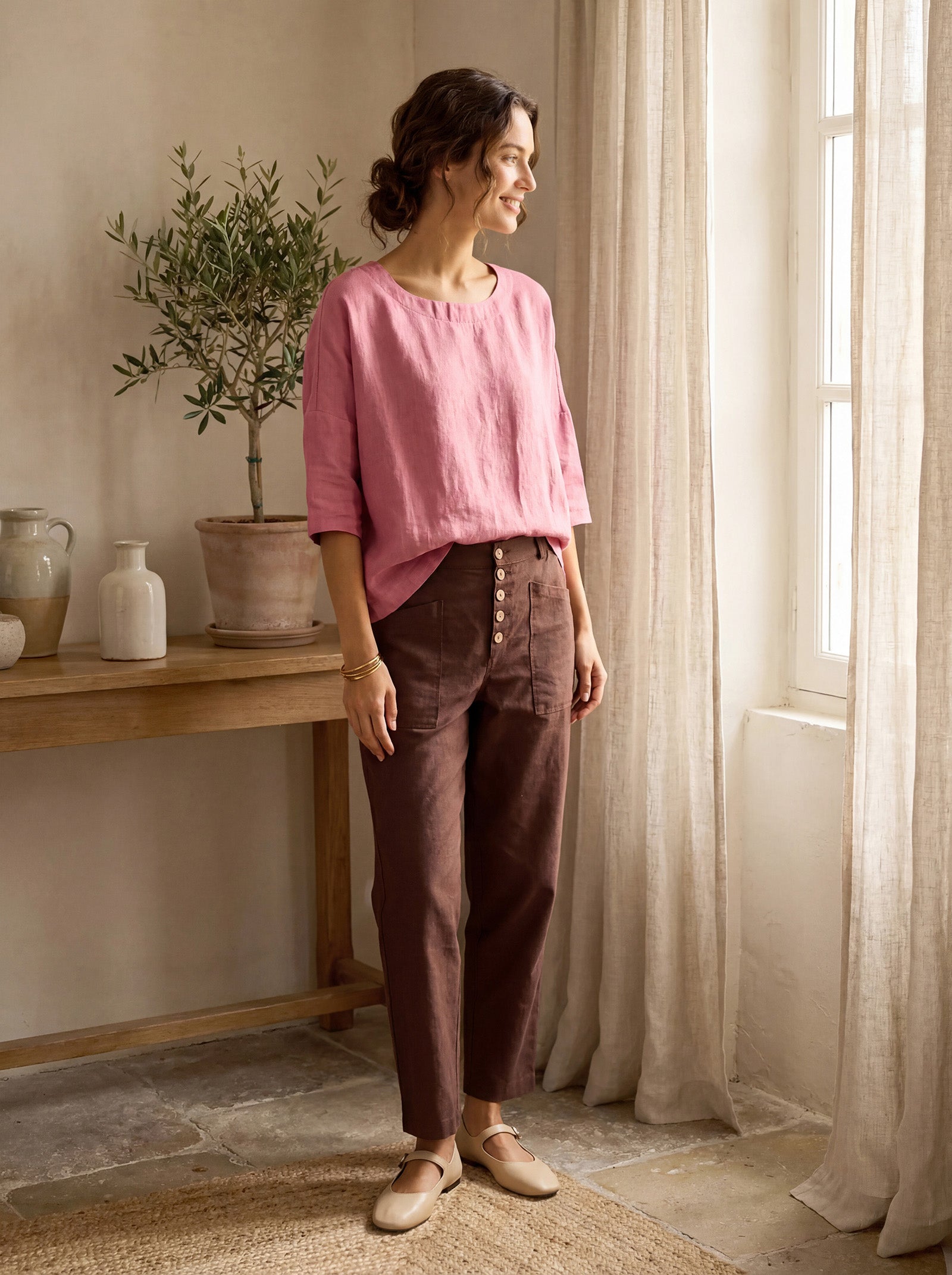 Pantalon HEIDI en lin à boutons dissimulés