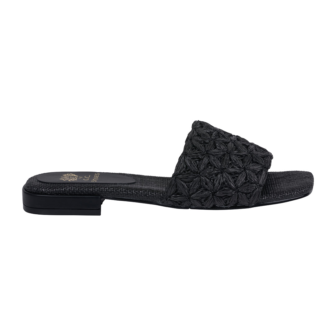Sandales plates tressées noires Kendra pour femme