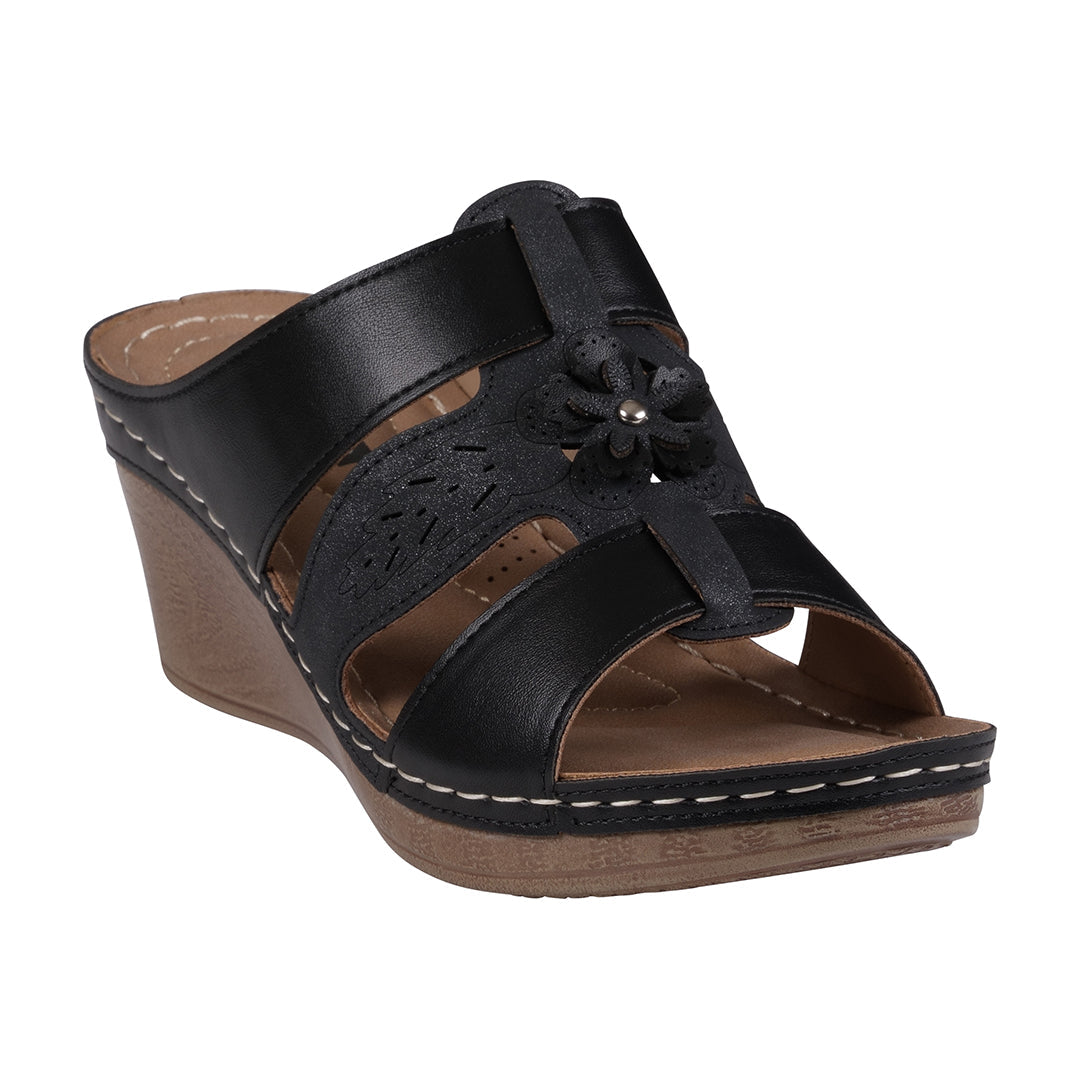 Sandales compensées à bout ouvert noires à triple bride et motif floral, collection printemps