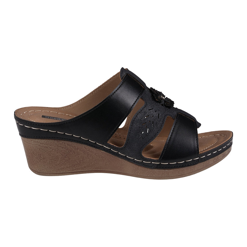 Sandales compensées à bout ouvert noires à triple bride et motif floral, collection printemps