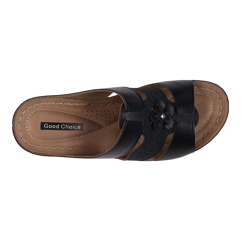 Sandales compensées à bout ouvert noires à triple bride et motif floral, collection printemps