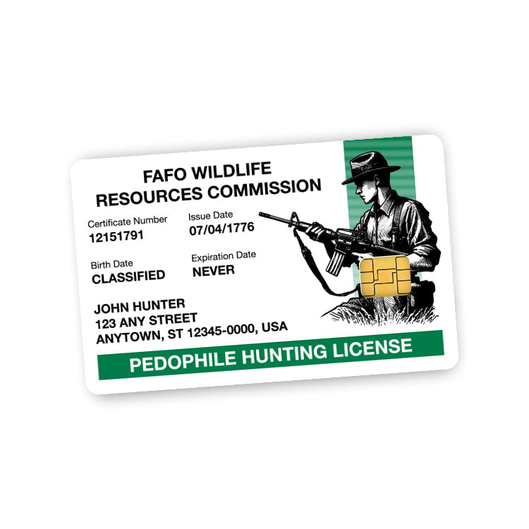 Autocollant de carte de crédit « Permis de chasse aux pédophiles »