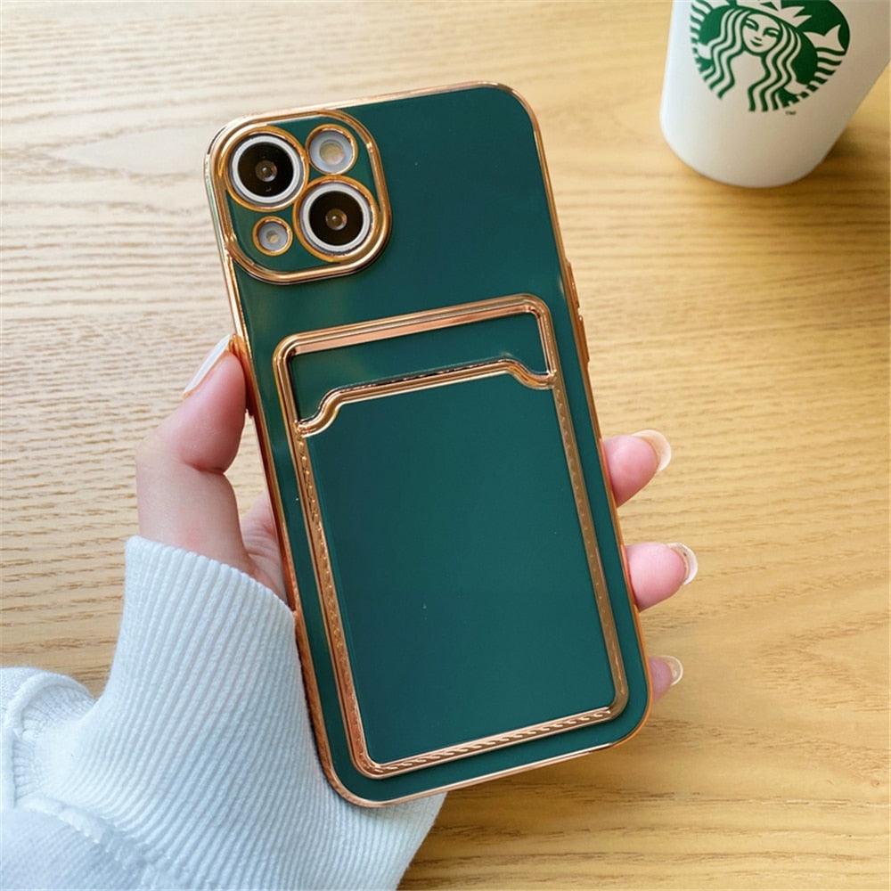Étui de luxe plaqué en silicone avec porte-cartes pour iPhone 14 12 13 Pro Max Élégant pour femme Étui portefeuille souple antichoc Bords souples Magnifique étui pour smartphone brillant pour femme