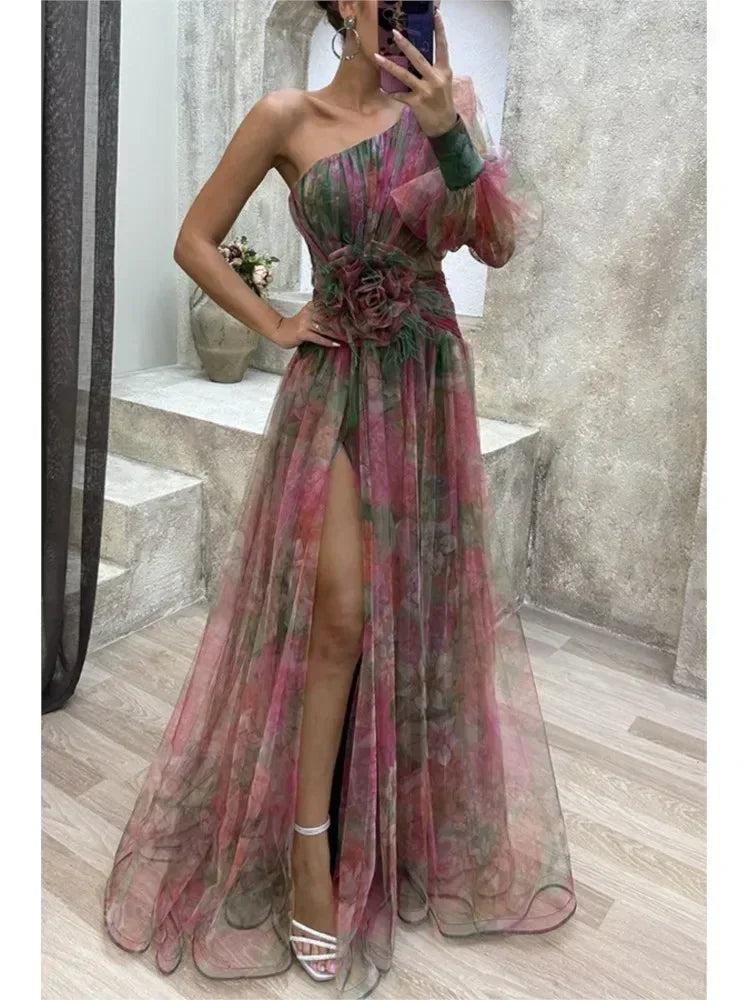 Robe longue en maille fendue haute à glissière asymétrique à épaule dénudée pour femme, robe de soirée à fleurs décoratives
