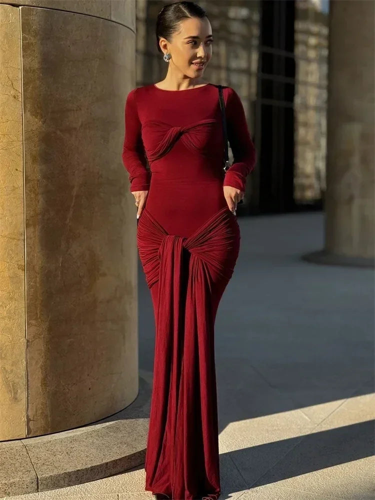 Robe longue plissée sexy pour femme Y2K, robe moulante de rue d'automne, robe patchwork torsadée à manches longues unies pour femme