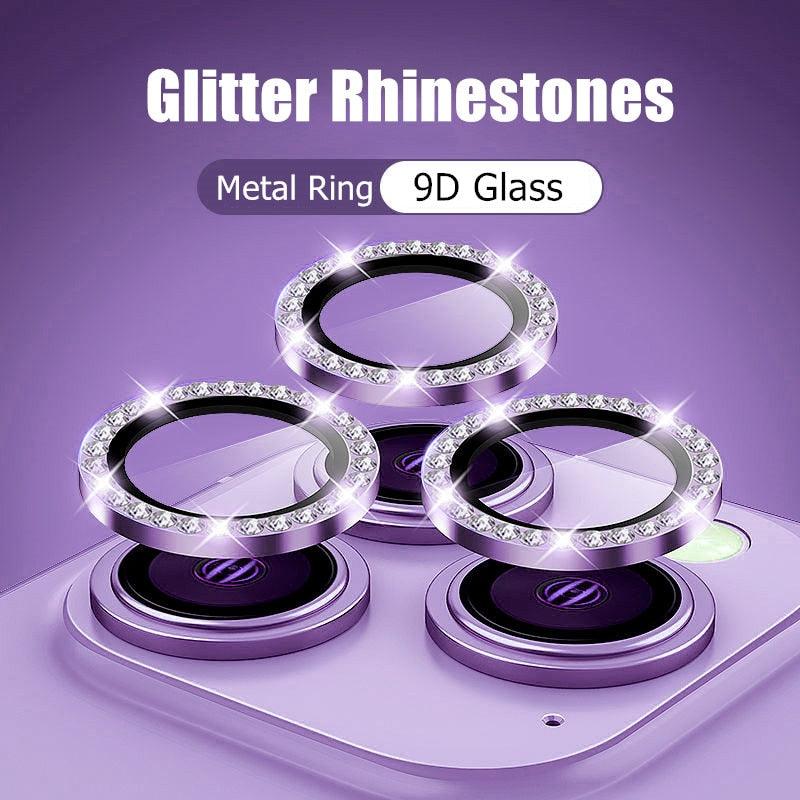 Verre trempé avec anneau métallique, strass et paillettes pour appareil photo iPhone 11 12 13 14 Pro Max Mini Plus, protection d'objectif à couverture complète 9H, protection d'objectif en verre trempé avec anneau métallique unique à couverture complète