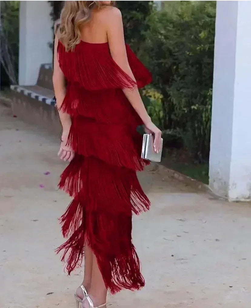 Robe asymétrique à franges, épaule dénudée, nouvelle collection Printemps-Été pour femme