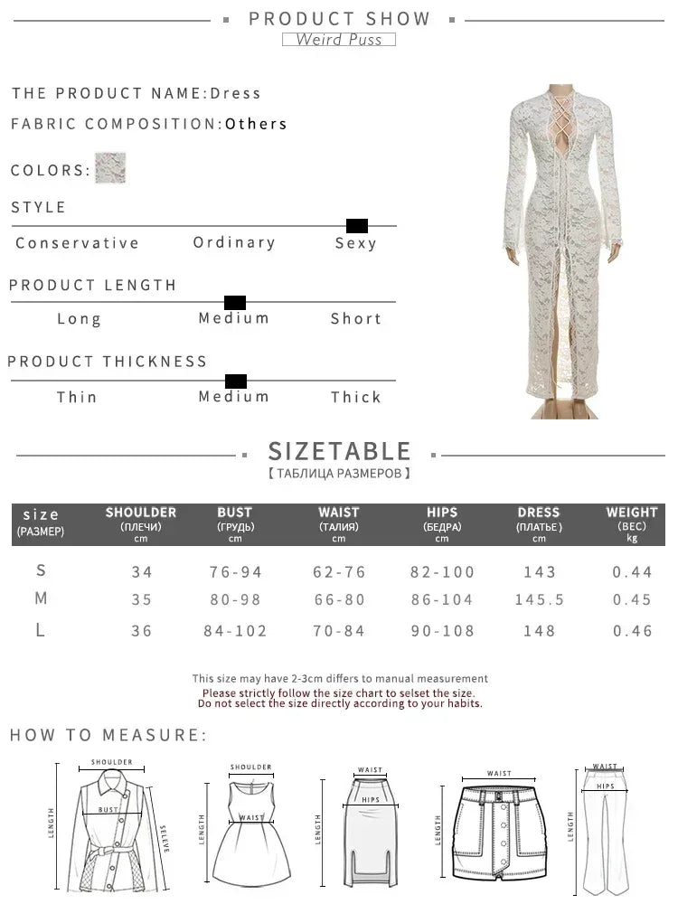 Weird Puss Broderie Volants Robe Femmes Sexy Col V Profond Fentes Transparent Uni Gland Poignets Pétale Street Élégance Vestidos