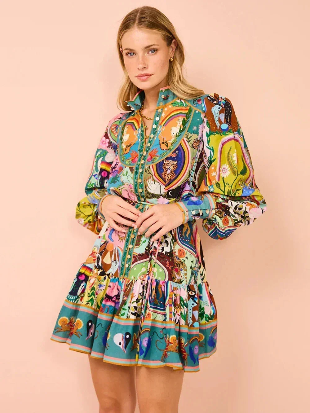 Robe cardigan plissée rétro à col rond imprimé 2025 avec taille cintrée, bretelles et ourlet volanté, polyvalente et élégante