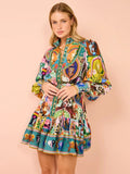 Robe cardigan plissée rétro à col rond imprimé 2025 avec taille cintrée, bretelles et ourlet volanté, polyvalente et élégante