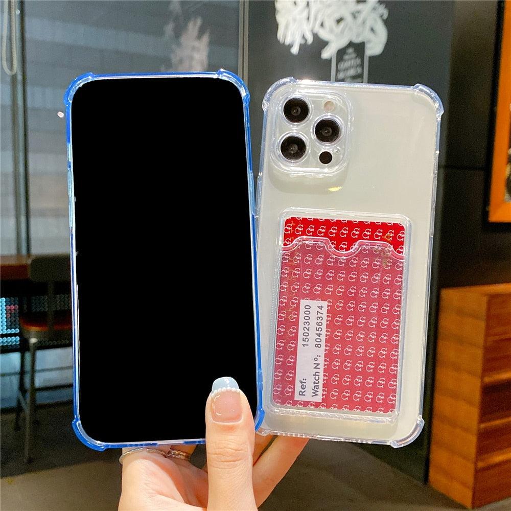 Étui transparent porte-cartes pour iPhone 13 11 12 14 Pro Max Mini Coque souple antichoc transparente avec porte-cartes Étui de téléphone transparent avec porte-cartes Coque fine de protection souple antichoc avec porte-cartes