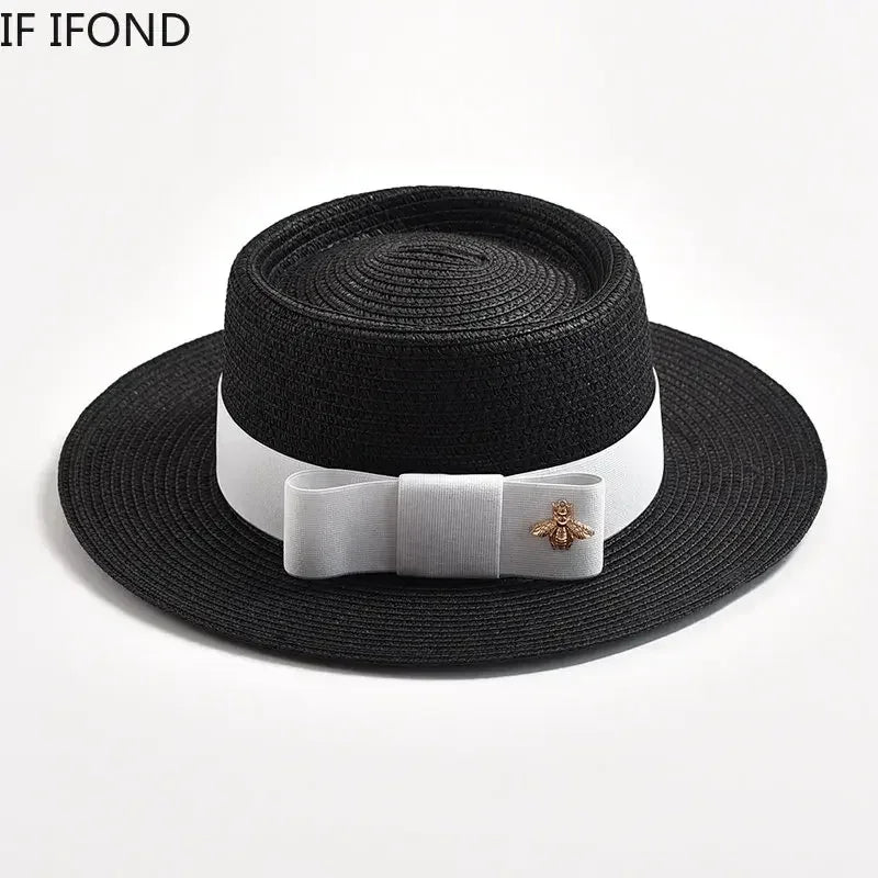 NOUVEAUX Chapeaux de paille Printemps Été pour femmes Surface ronde bosselée Dessus plat Nœud Papillon Robe Casquette Voyage Plage Soleil Chapeau Gorra