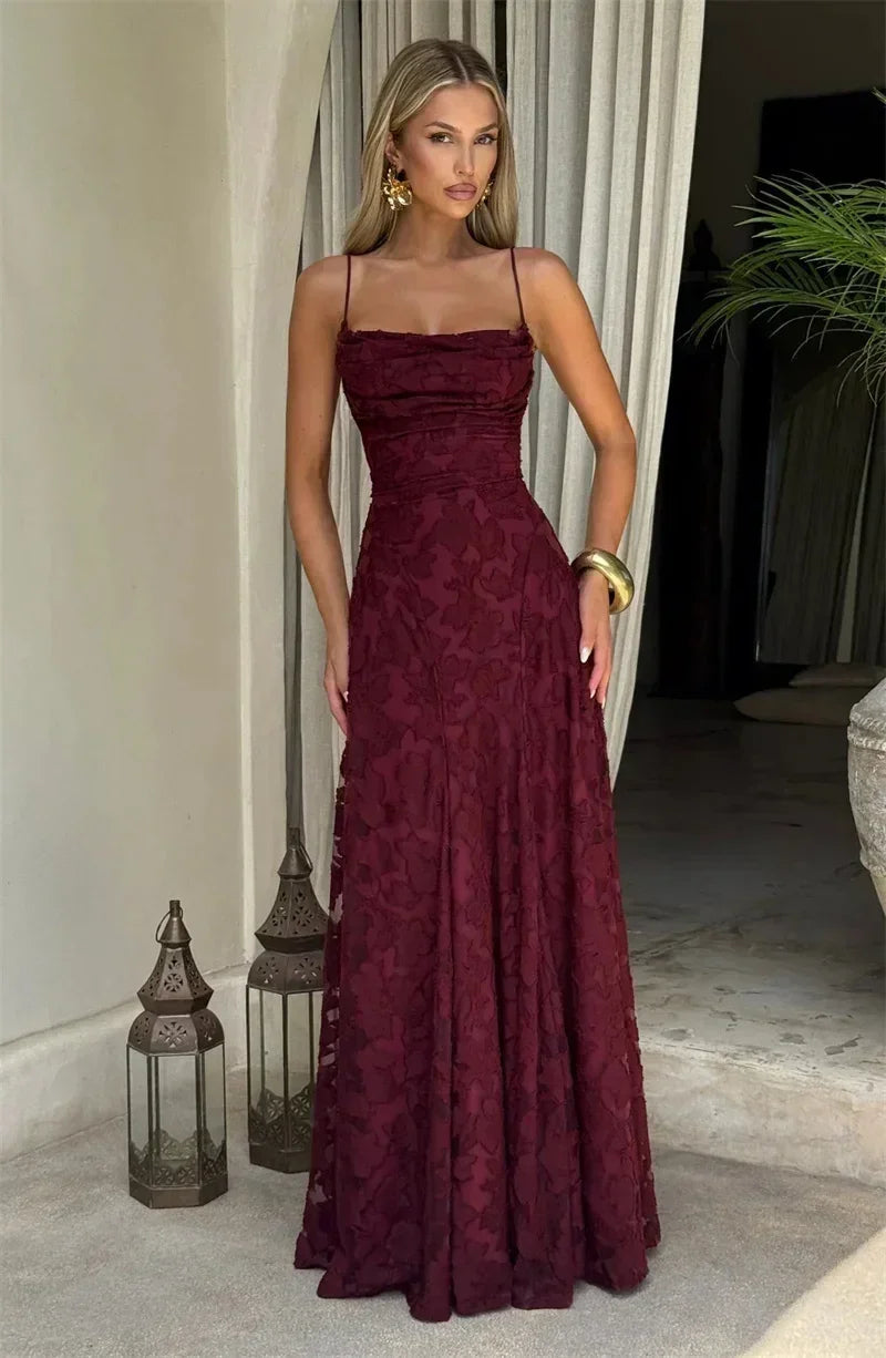 Mozision Robe longue sexy dos nu à fines bretelles pour femme, robe de soirée élégante épaules dénudées sans manches avec lacets pour club et soirée