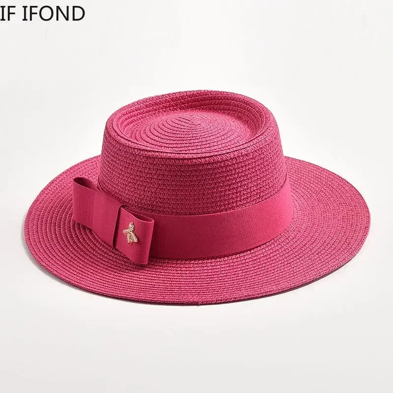 NOUVEAUX Chapeaux de paille Printemps Été pour femmes Surface ronde bosselée Dessus plat Nœud Papillon Robe Casquette Voyage Plage Soleil Chapeau Gorra