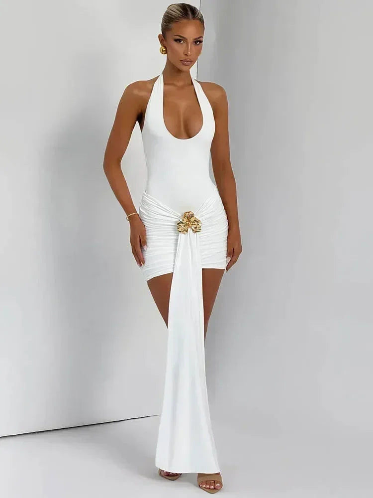 Mozision Robe Courte Métallique Plissée à Fleurs, Robe Sexy pour Femme, Mode Licou sans Bretelles Dos Nu Moulante, Robe de Soirée Club Nouvelle Collection