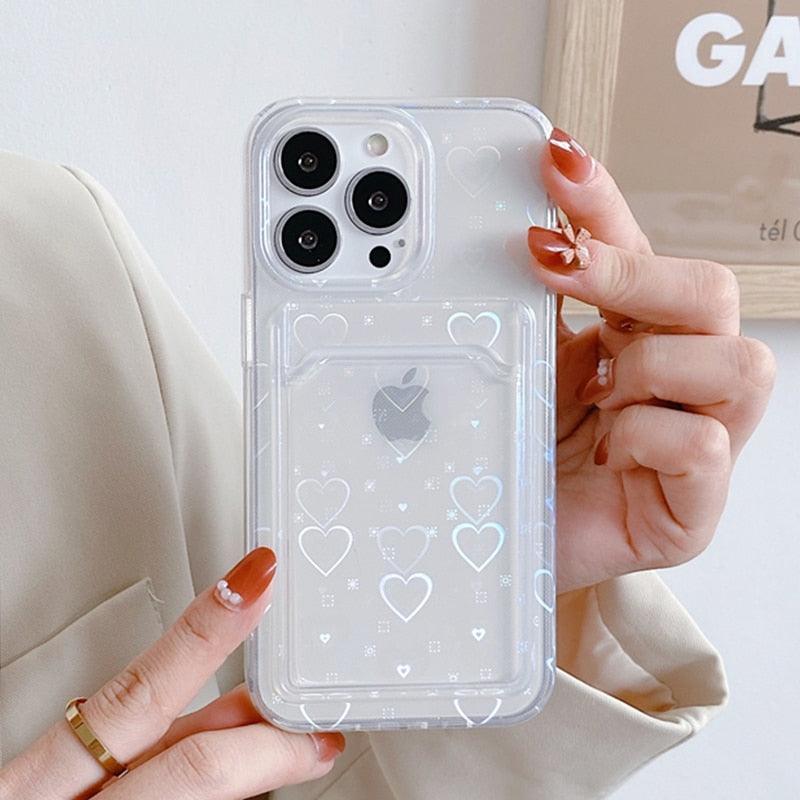 Coques de téléphone transparentes avec motif cœur mignon pour iPhone 13 14 Pro Max Simple Luxueux Amour Dégradé Silicone Étui Portefeuille Porte-Cartes Housse de protection antichoc