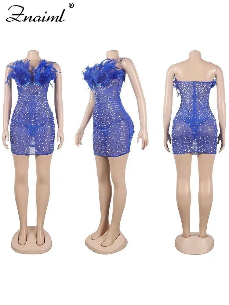 Znaiml Robes moulantes dos nu transparentes en maille diamantée avec strass et plumes sexy pour femme, boîte de nuit, fête d'anniversaire, soirée, Vestidos